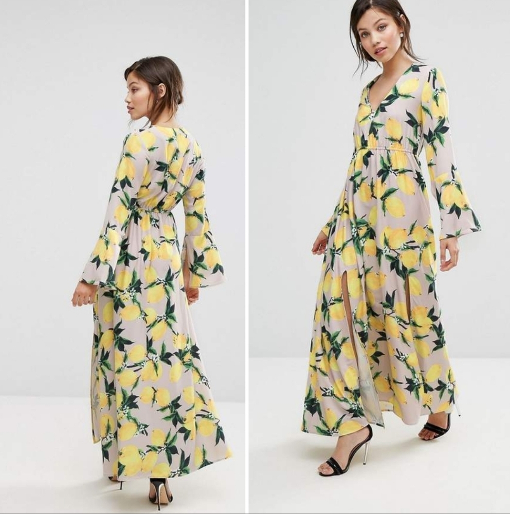 Coquette Girl Lemon Print Belle Sleeve Maxi Dress Whimsical - Picture 11 of 14